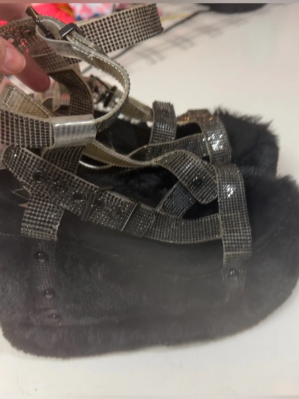 Y.R.U. X Dolls Kill Black Gravity Bling FauxFur Rhinestone Platform Sandal NWT 7